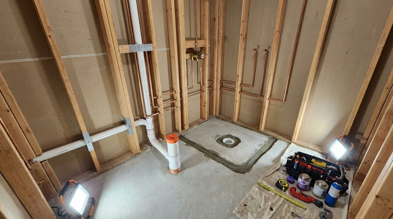 Bathroom rough-in plumbing during remodel by Johns Plumbing LLC in Millersport