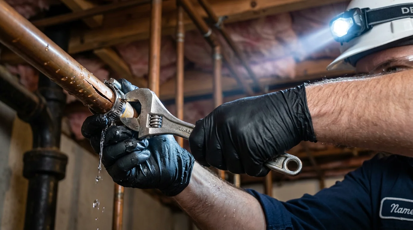 Emergency pipe clamp repair being performed by a Johns Plumbing LLC plumber in Millersport