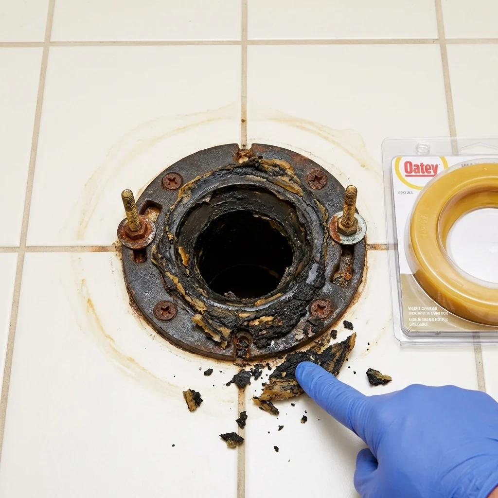 Failed wax ring showing water seepage at the base of a toilet in a Millersport, OH home