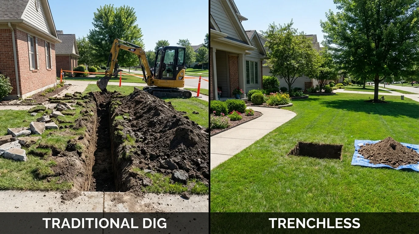 Trenchless sewer repair with minimal yard damage versus traditional excavation in Millersport, OH