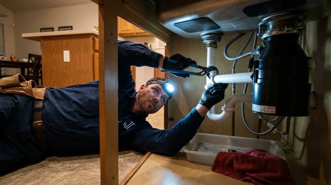 P-trap and supply line connections under a kitchen sink showing a common leak point in Millersport, OH